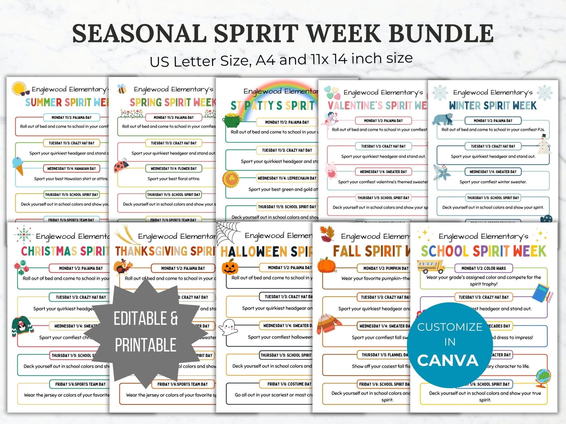 SPIRIT WEEK flyer editable template bundle monthly school spirit schedule printable seasonal school event handout pto template pta flyer