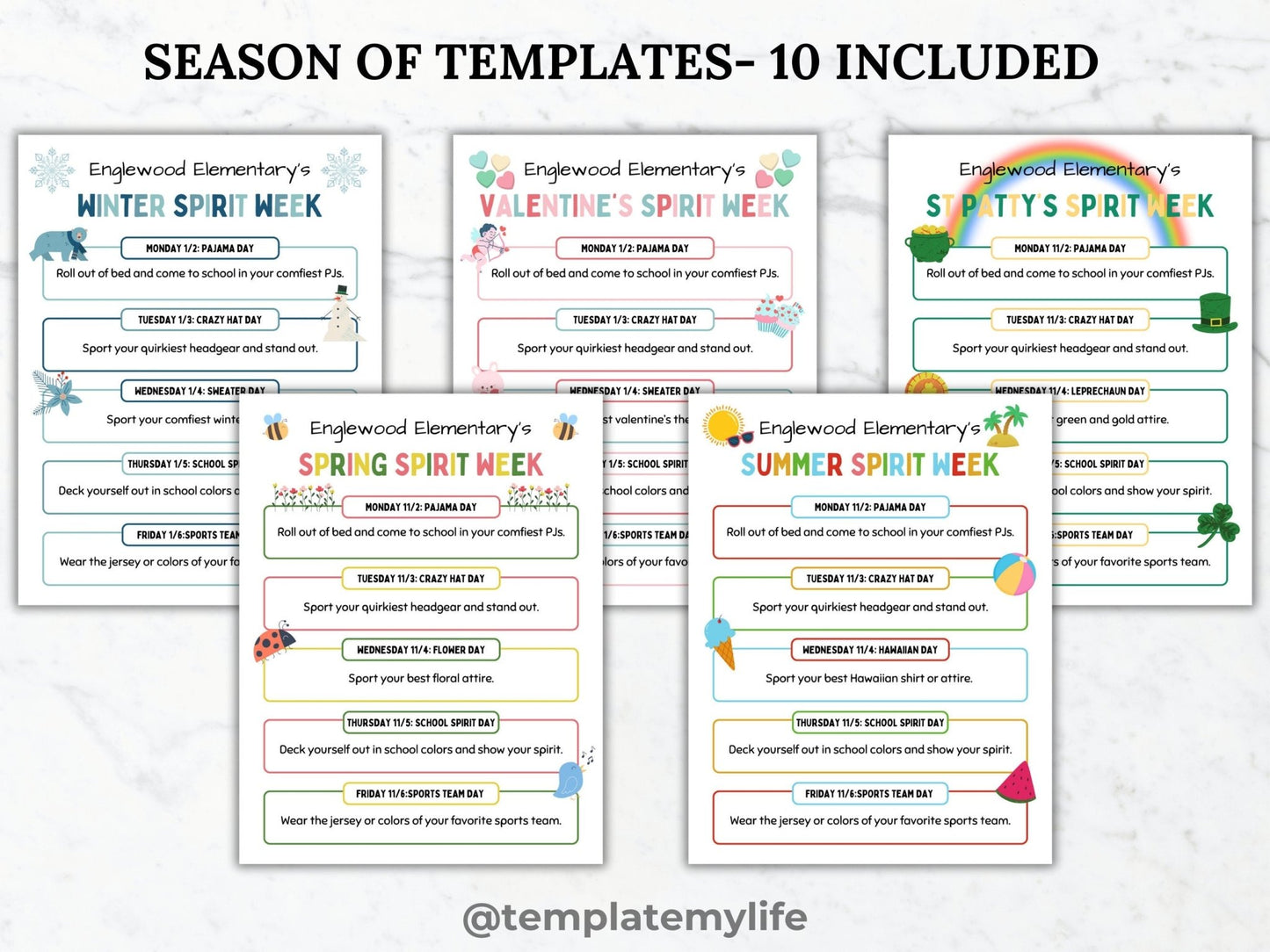 SPIRIT WEEK flyer editable template bundle monthly school spirit schedule printable seasonal school event handout pto template pta flyer