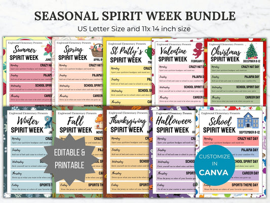 Seasonal Spirit Week PTA Flyer Editable PTO Template Bundle