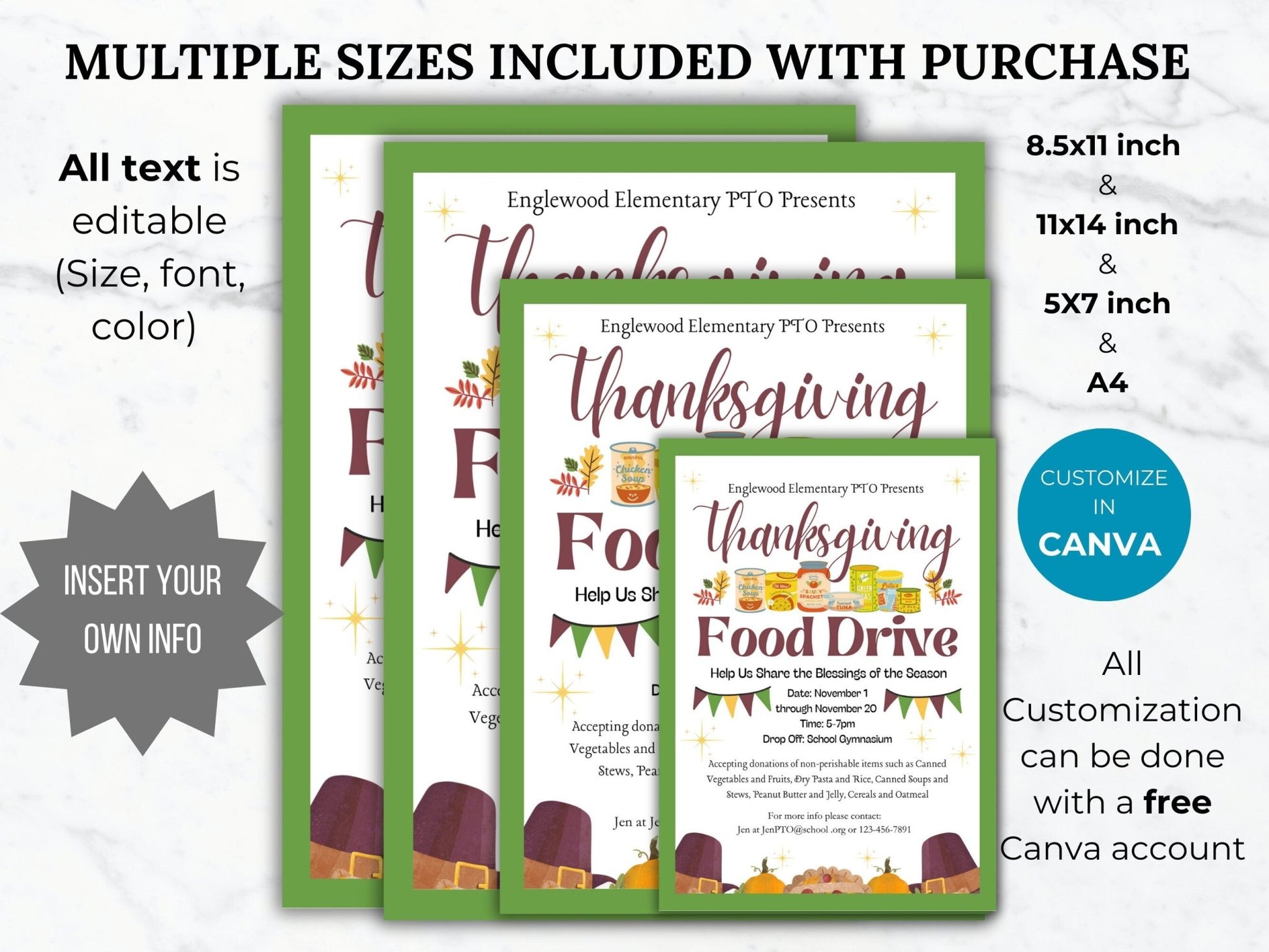 Thanksgiving Food Drive Flyer Template PTO Charity Flyer Editable Donation Flyer School Fundraiser Flyer Fall printable PTA Donation sign