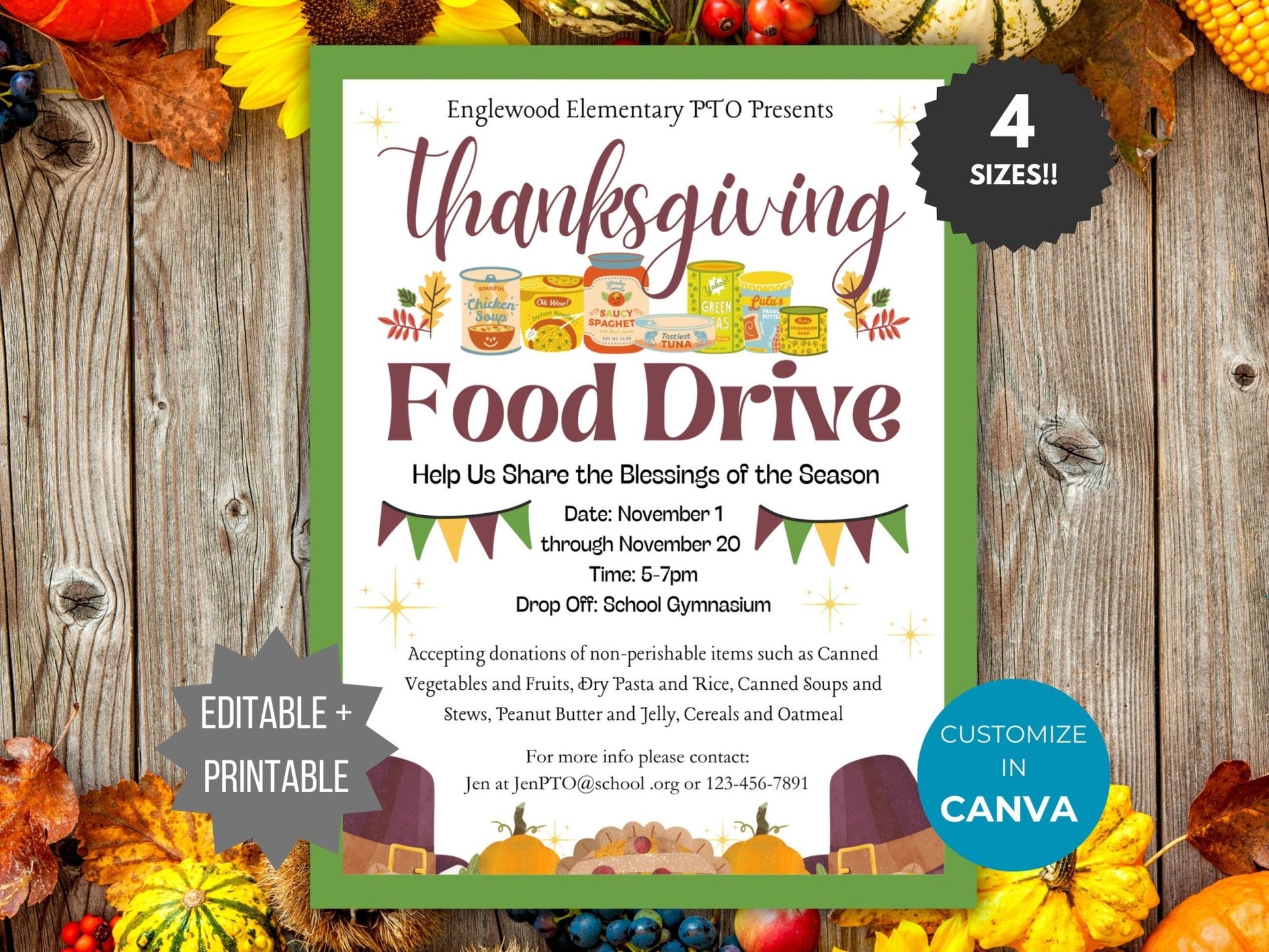 Thanksgiving Food Drive Flyer Template PTO Charity Flyer Editable Donation Flyer School Fundraiser Flyer Fall printable PTA Donation sign