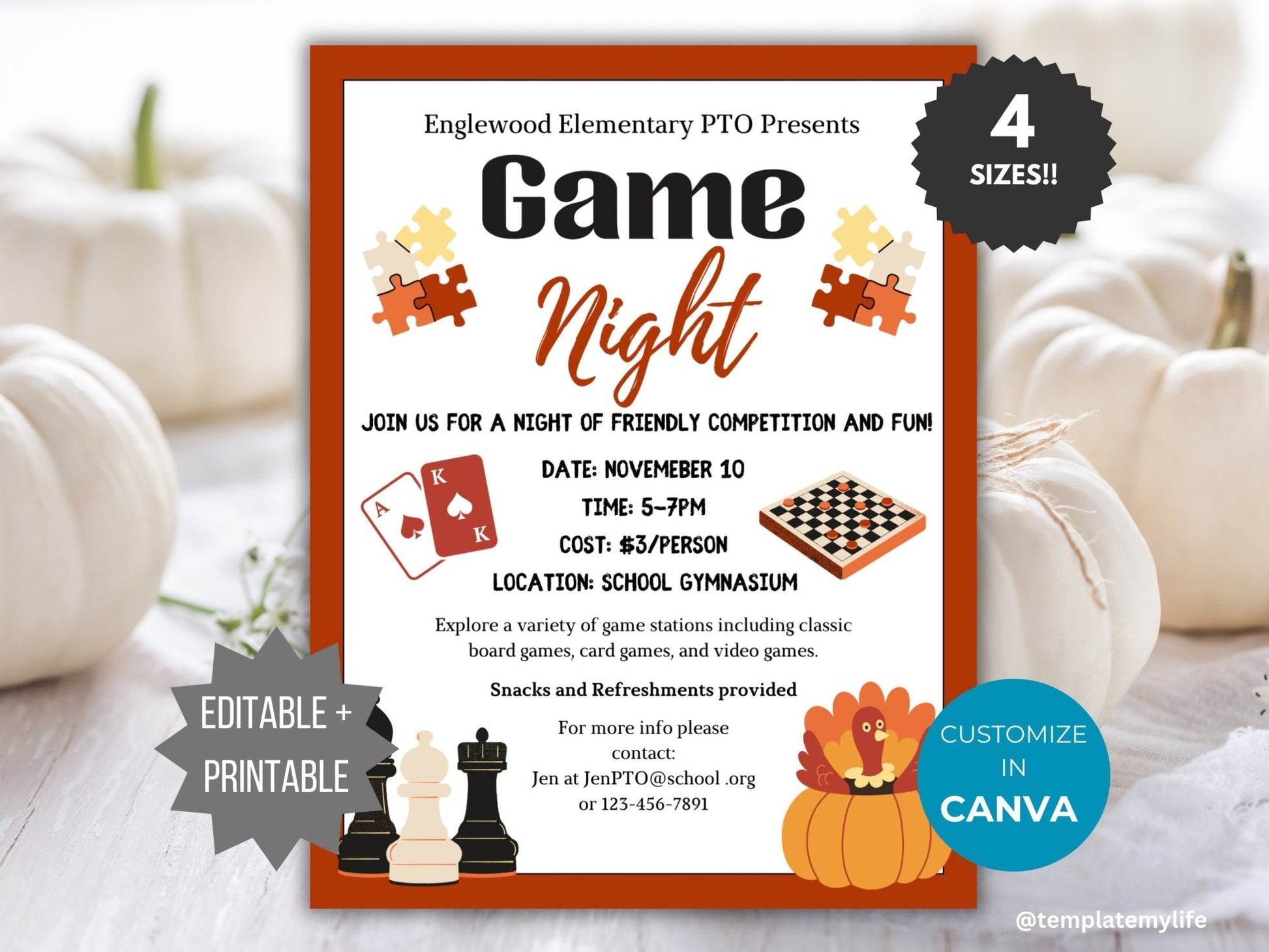 Thanksgiving Game Night invitation PTO template school fundraiser PTA flyer family game night office party flyer fall community event invite