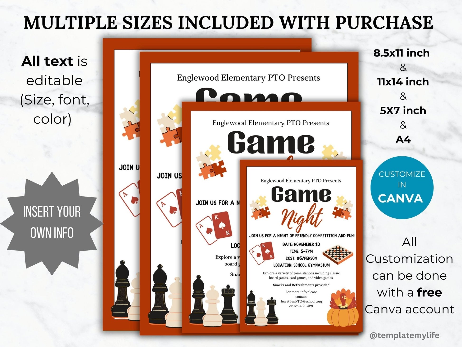 Thanksgiving Game Night invitation PTO template school fundraiser PTA flyer family game night office party flyer fall community event invite