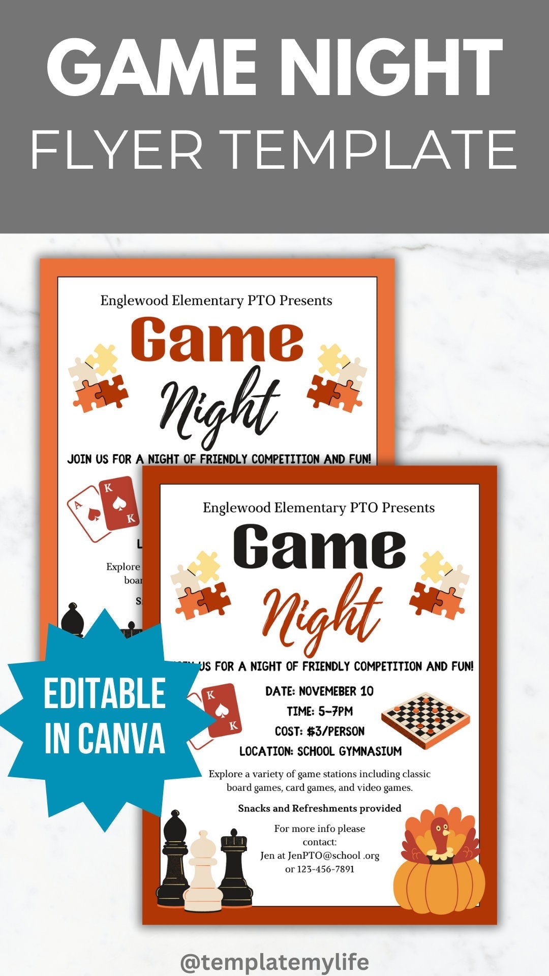 Thanksgiving Game Night invitation PTO template school fundraiser PTA flyer family game night office party flyer fall community event invite