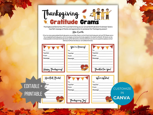 Thanksgiving Gratitude Gram Flyer PTO Template turkey Gram printable Editable Fall School fundraiser Flyer Thanksgiving Candy gram PTA Flyer