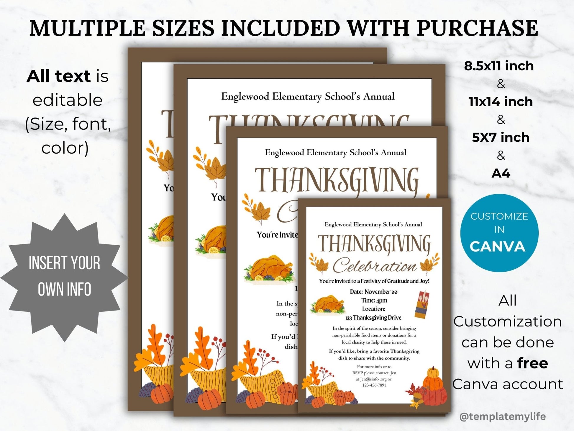 Thanksgiving Invite Template pto Editable Thanksgiving Invitation printable Fall Church event PTA Flyer Thanksgiving party Community Flyer