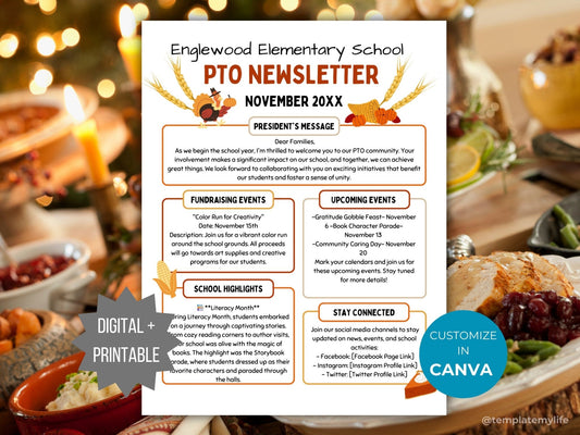 PTA Thanksgiving Newsletter Flyer Printable PTO School Newsletter editable template autumn theme flyer pta November newsletter pto handout