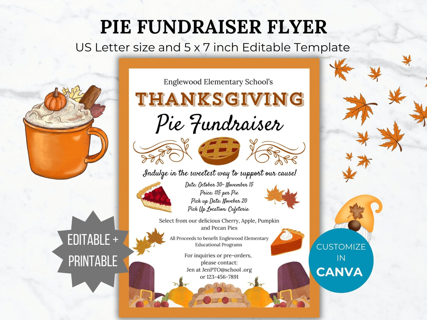 Thanksgiving Pie Fundraiser Flyer Template Pie Sale Flyer Editable Fall School event Handout PTA Flyer School Fundraiser Flyer printable