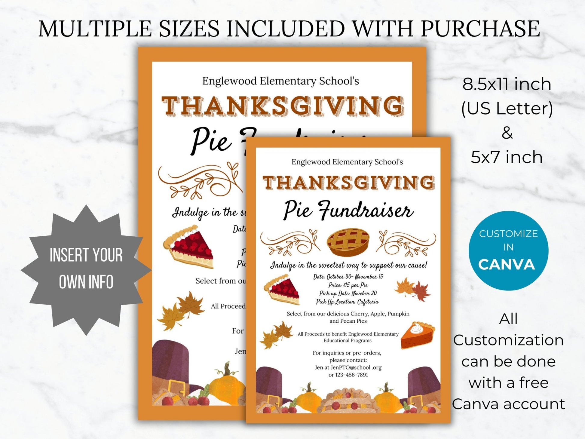 Thanksgiving Pie Fundraiser Flyer Template Pie Sale Flyer Editable Fall School event Handout PTA Flyer School Fundraiser Flyer printable