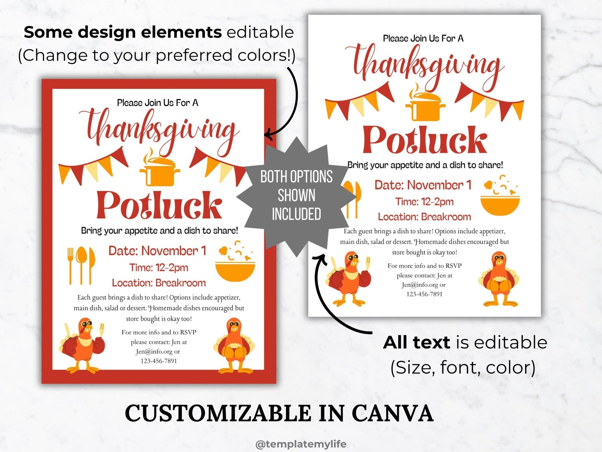 Thanksgiving Potluck Invitation flyer template shown comes with both brown border and no border and states that all text and design elements are editable in canva