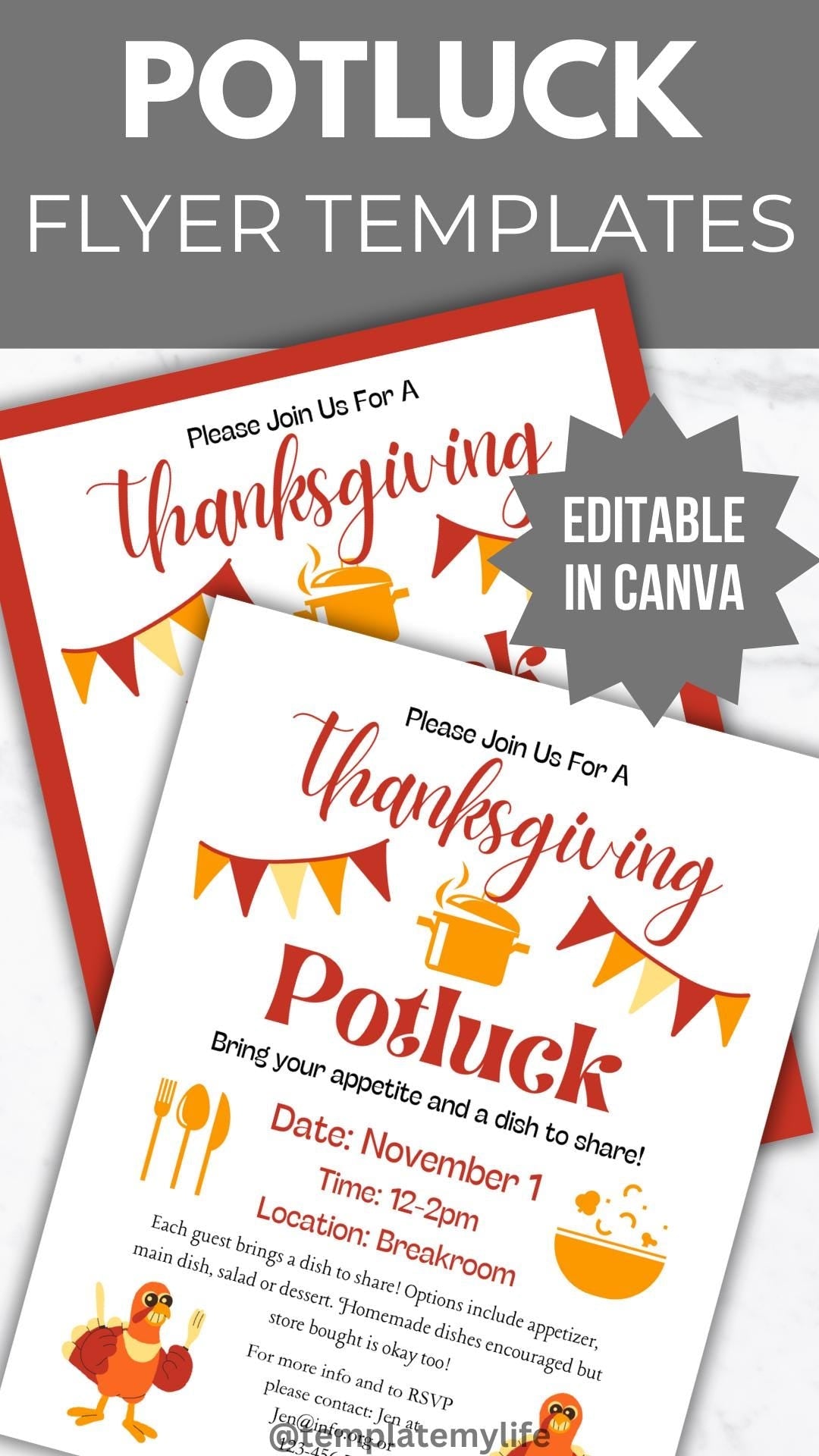 Thanksgiving Potluck Invitation flyer template shown editable in canva