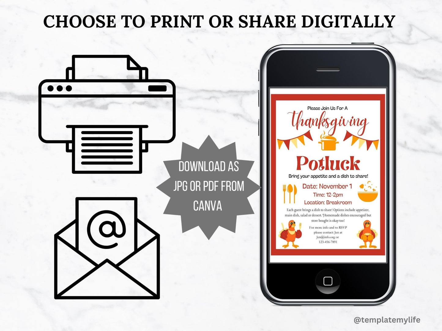 Thanksgiving Potluck Invitation flyer template shown on a phone to depict that it can be printed or shared digitally