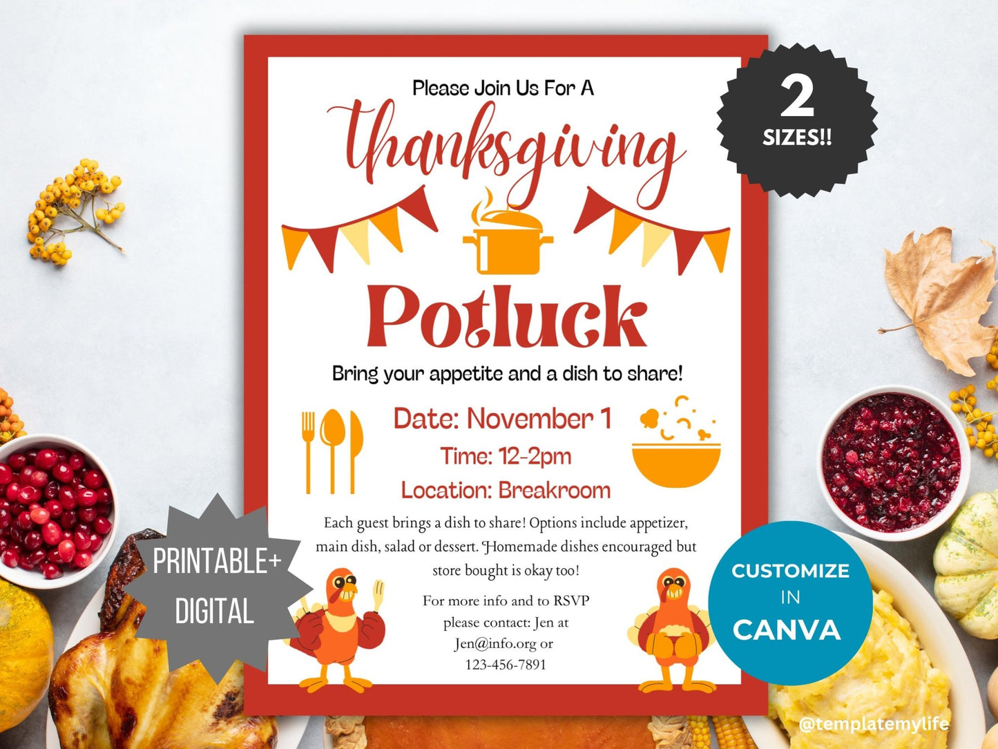 Thanksgiving Potluck Invitation flyer template shown comes in 2 sizes decorated in colors brown, orange and yellow with cute turkeys