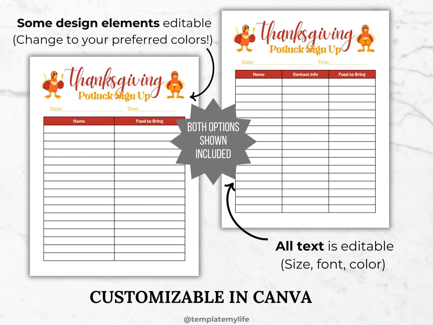 Thanksgiving Potluck Invite flyer template Fall Potluck sign up sheet shown comes with both 2 and 3 column options for participant name, contact info and food to bring