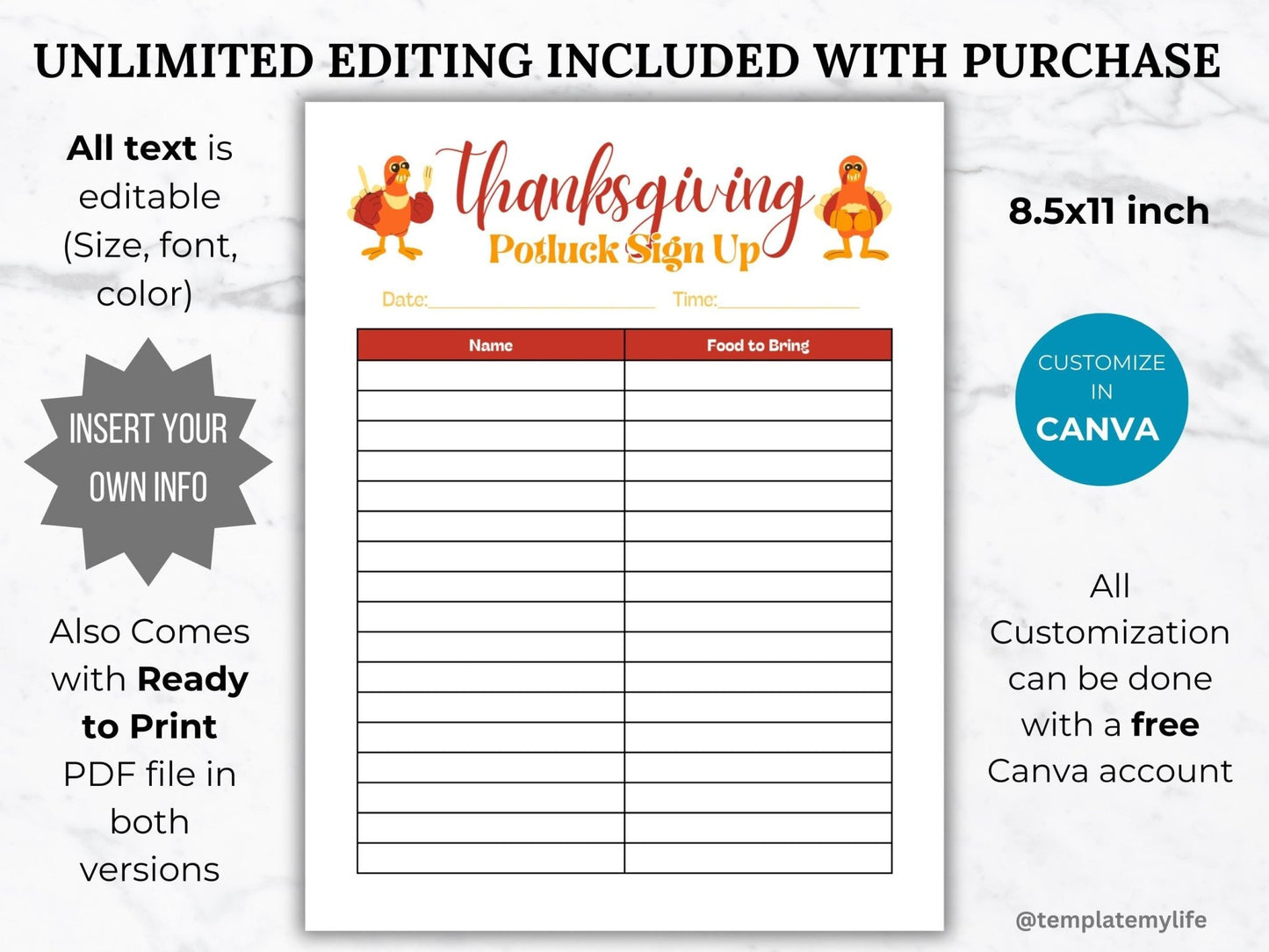 Thanksgiving Potluck Invite flyer template Fall Potluck sign up sheet comes as US letter size 8.5 x 11 inch and all tet is editable with a free canva account