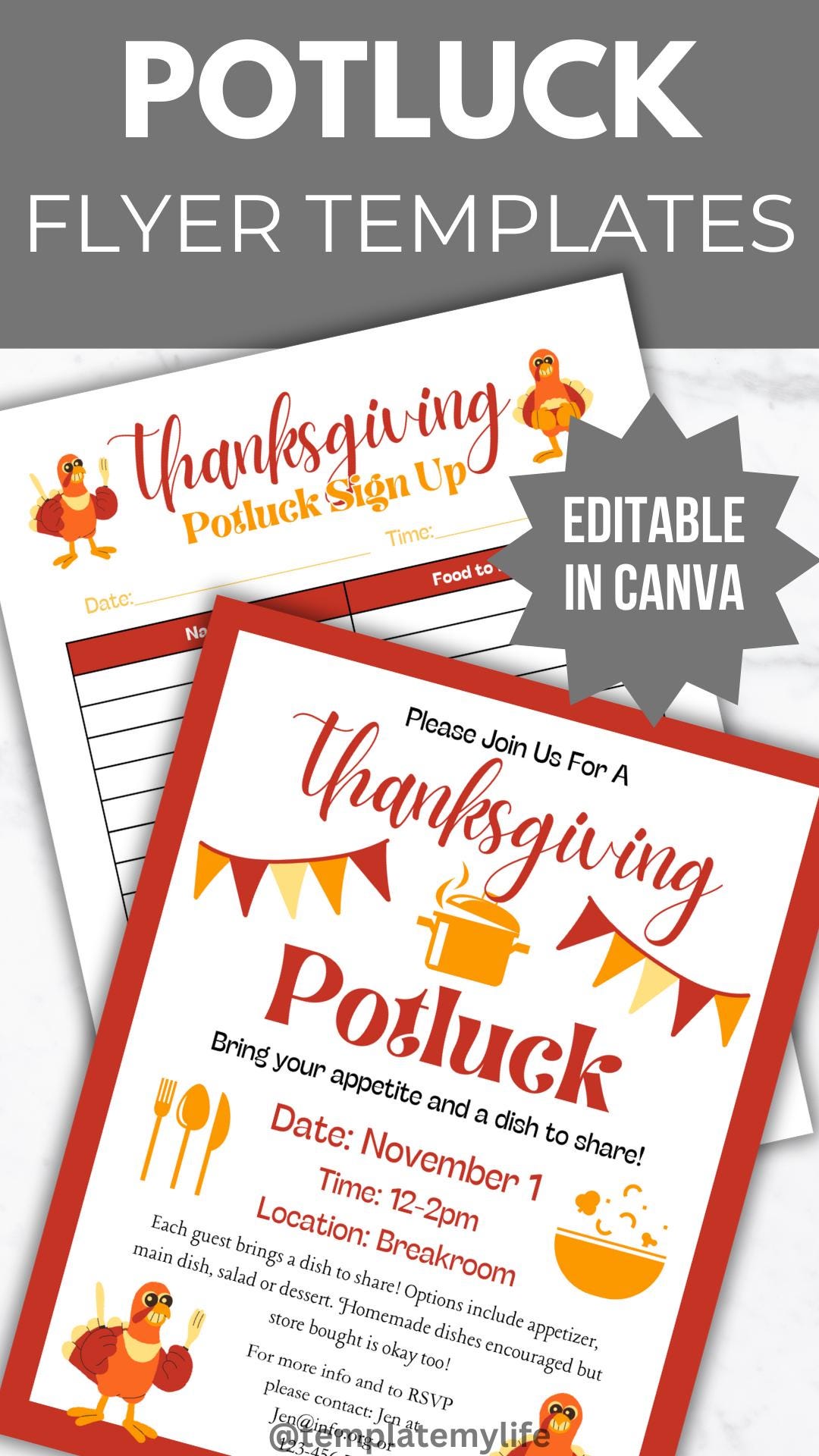 Thanksgiving Potluck Invite flyer template Fall Potluck sign up sheet Friendsgiving bundle shown is editable in canva