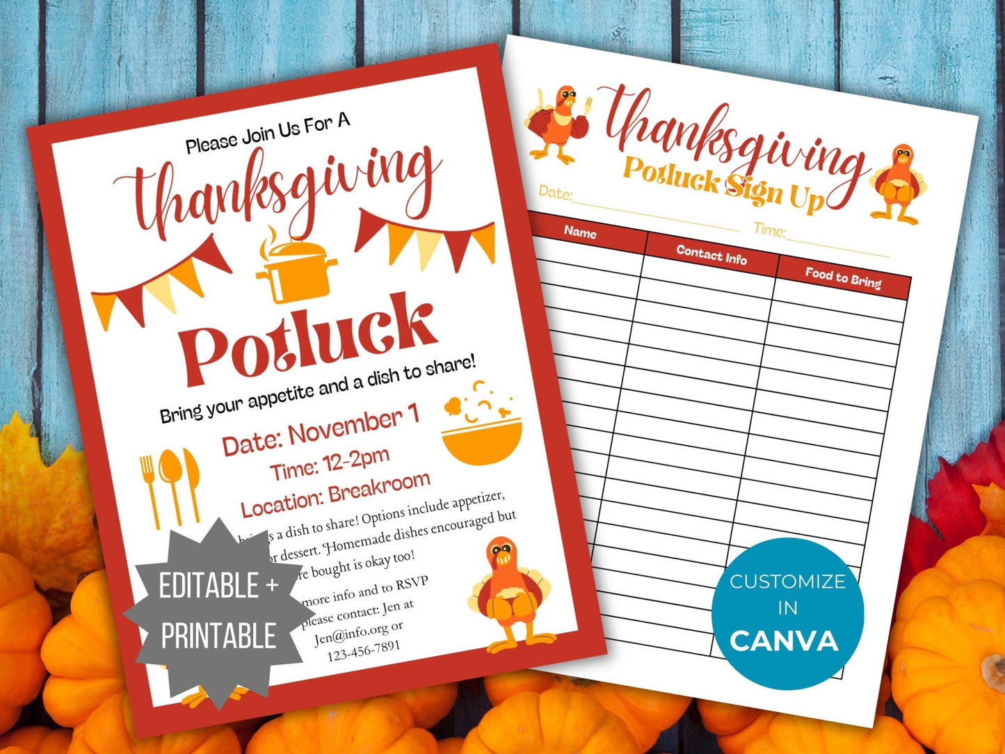 Thanksgiving Potluck Invite flyer template Fall Potluck sign up sheet bundle shown decorated with brown, orange and yellow and cute turkeys