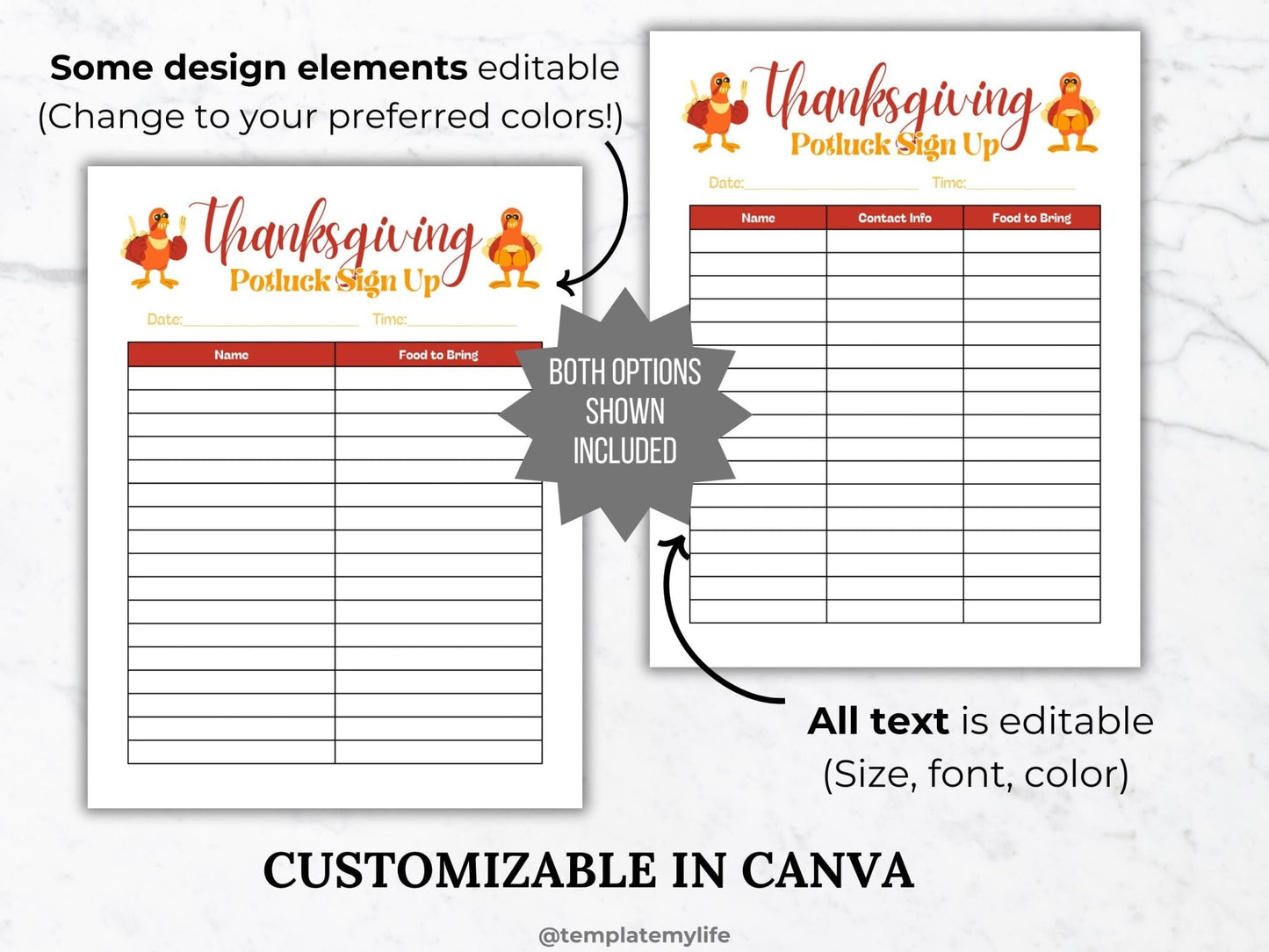 Thanksgiving Potluck Sign Up Sheet template shown comes in 2 versions both 2 and 3 column for participant name, contact info and food to bring and is customizable in canva