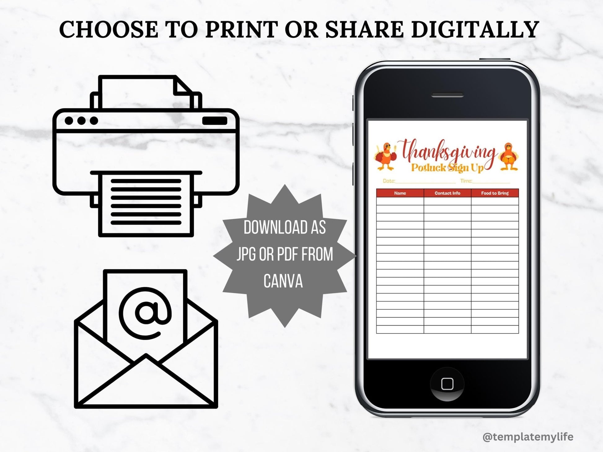 Thanksgiving Potluck Sign Up Sheet template shown on a phone to depict that it can be used printed or digitally