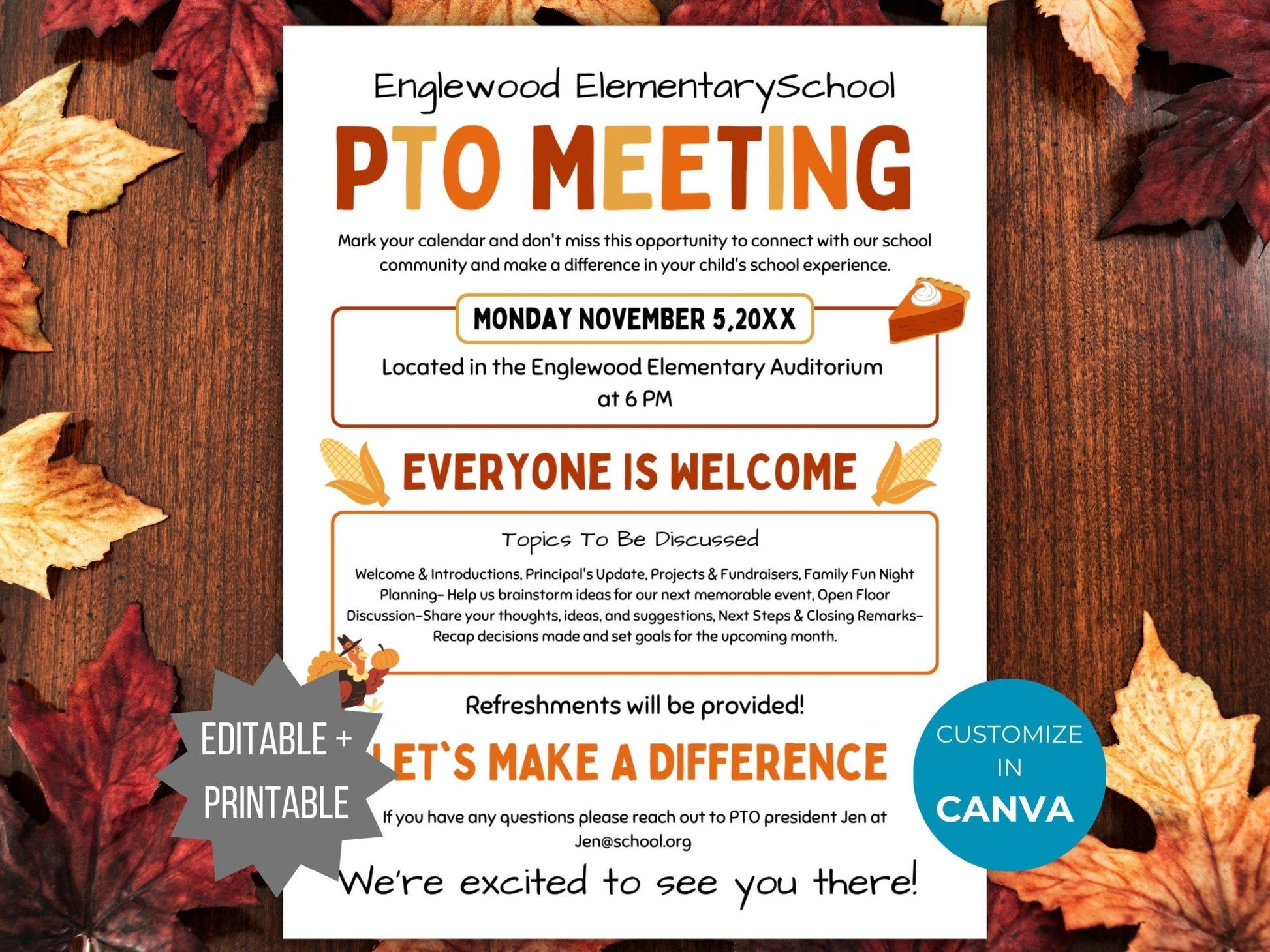 Thanksgiving PTA Meeting Flyer Printable PTO Fall Meeting Flyer editable template pta November Meeting flyer Holiday pta meeting pto sign