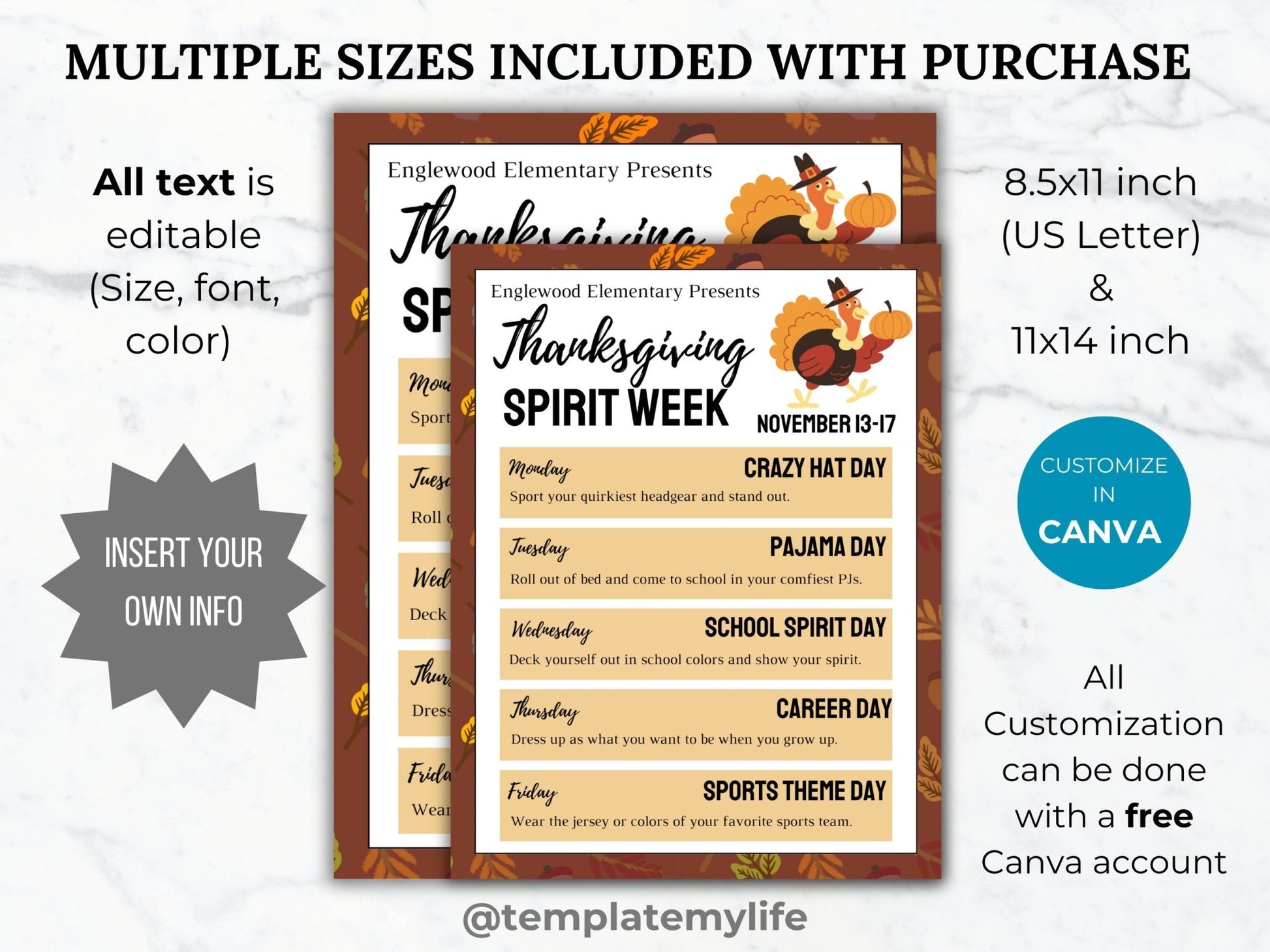 Thanksgiving Spirit Week Flyer PTO Template School Spirit Flyer editable Tall Spirit week itinerary pta flyer spirit event schedule handout