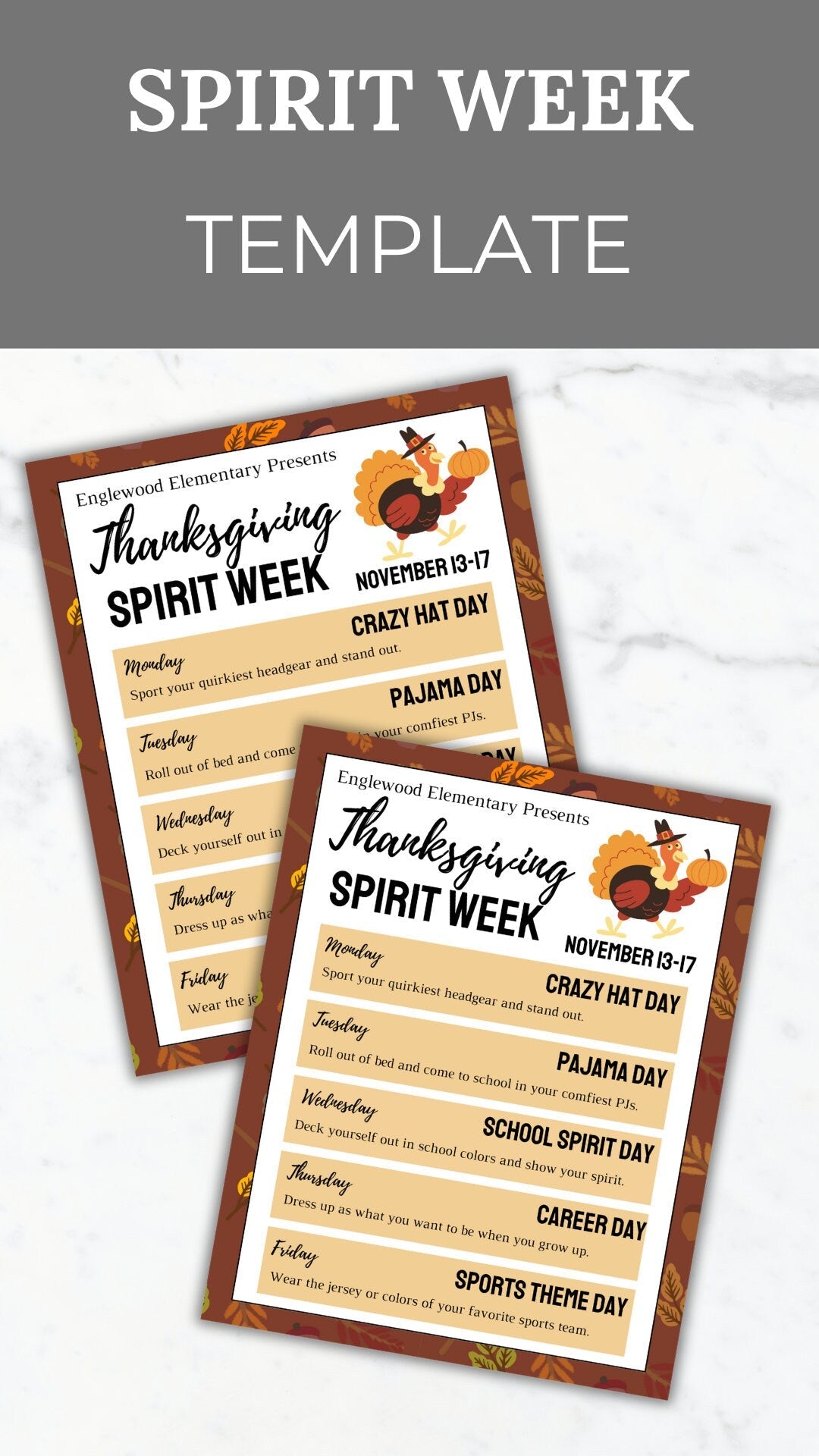 Thanksgiving Spirit Week Flyer PTO Template School Spirit Flyer editable Tall Spirit week itinerary pta flyer spirit event schedule handout