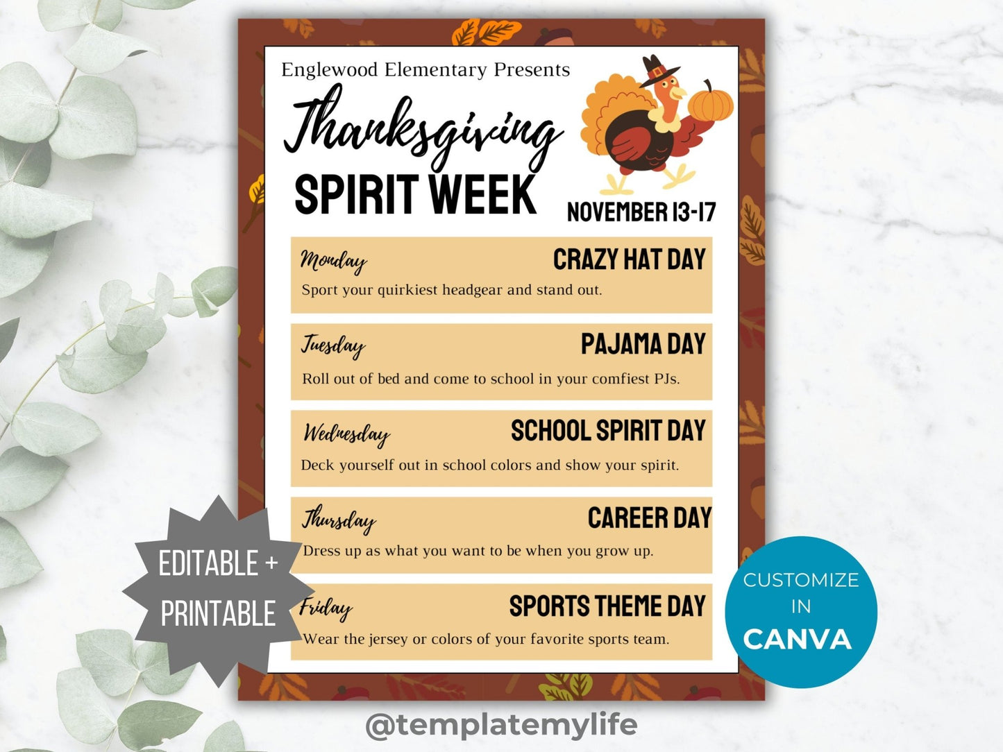 Thanksgiving Spirit Week Flyer PTO Template School Spirit Flyer editable Tall Spirit week itinerary pta flyer spirit event schedule handout