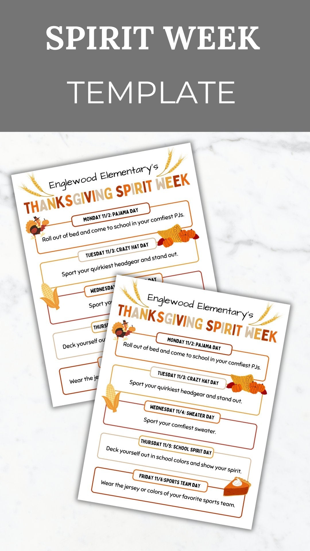 Thanksgiving Spirit Week Flyer Printable School Spirit Flyer editable pto template fall Spirit week itinerary pta flyer school event handout