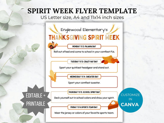 Thanksgiving Spirit Week Flyer Printable School Spirit Flyer editable pto template fall Spirit week itinerary pta flyer school event handout