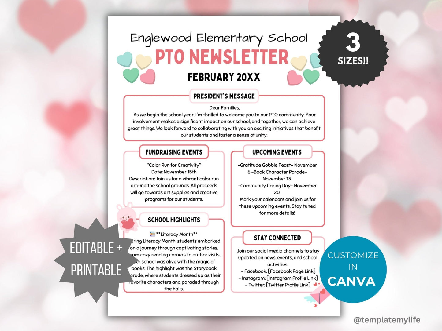 PTA February Newsletter Flyer Printable PTO School Newsletter Flyer editable template winter flyer pta Valentines Day newsletter pto handout