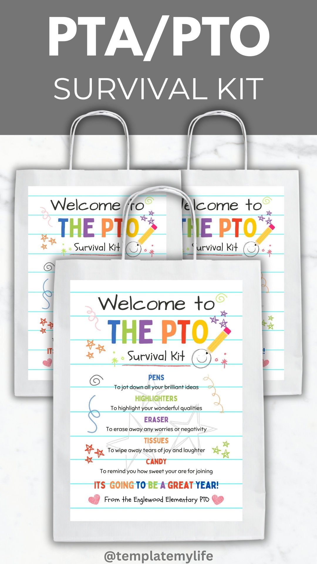 Welcome to the PTO Survival Kit Template Join the PTA gift bag printable pto member appreciation gift idea PTO gift Volunteer thank you gift