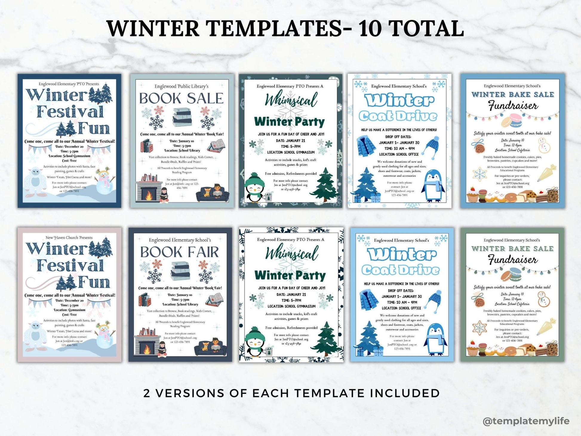 Winter Fundraiser flyer template bundle business bake sale flyer community Winter party template church coat drive flyer library book sale