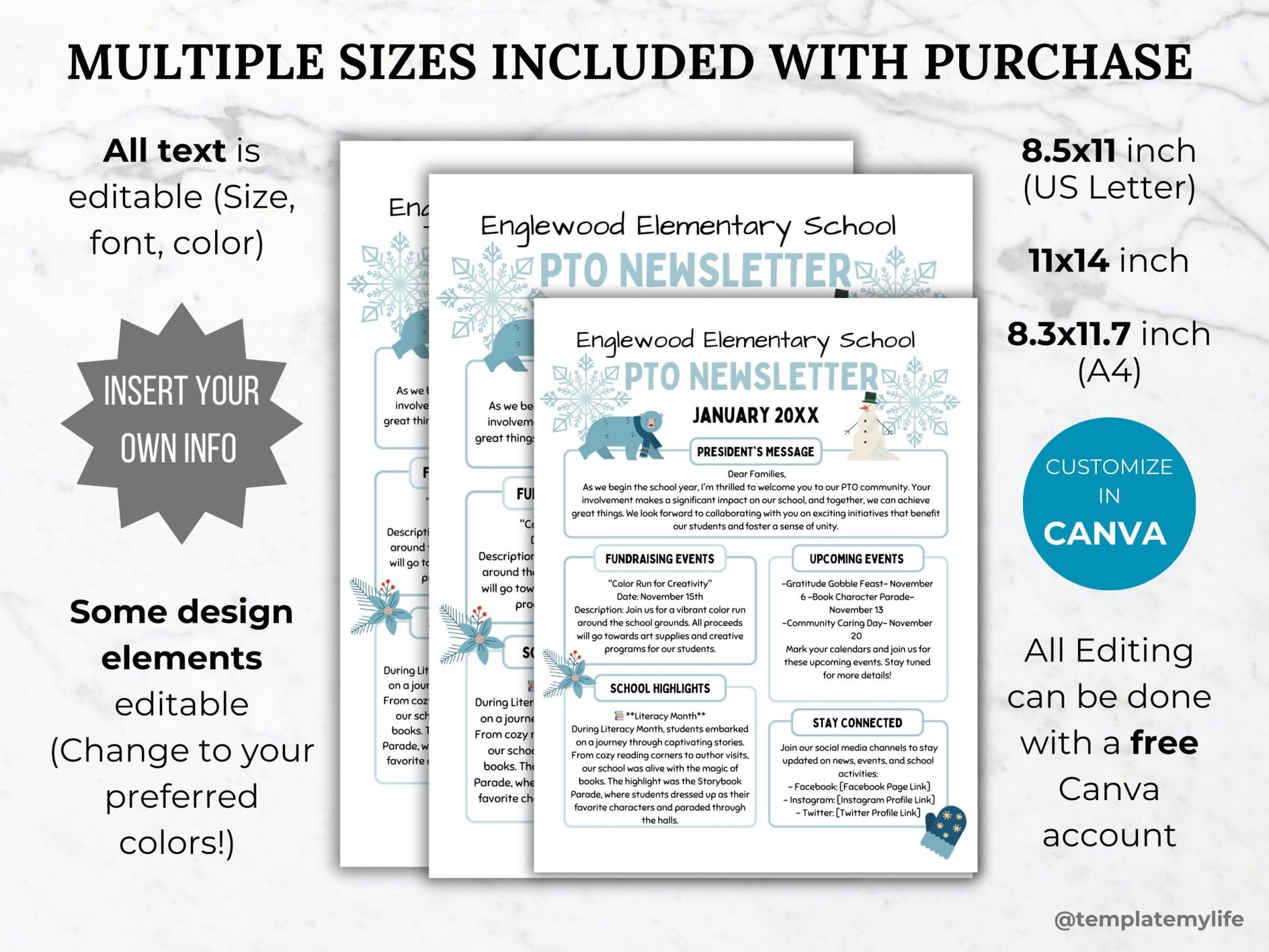 PTA Winter Newsletter Flyer Printable PTO School Newsletter Flyer editable template school holiday flyer January newsletter pto handout