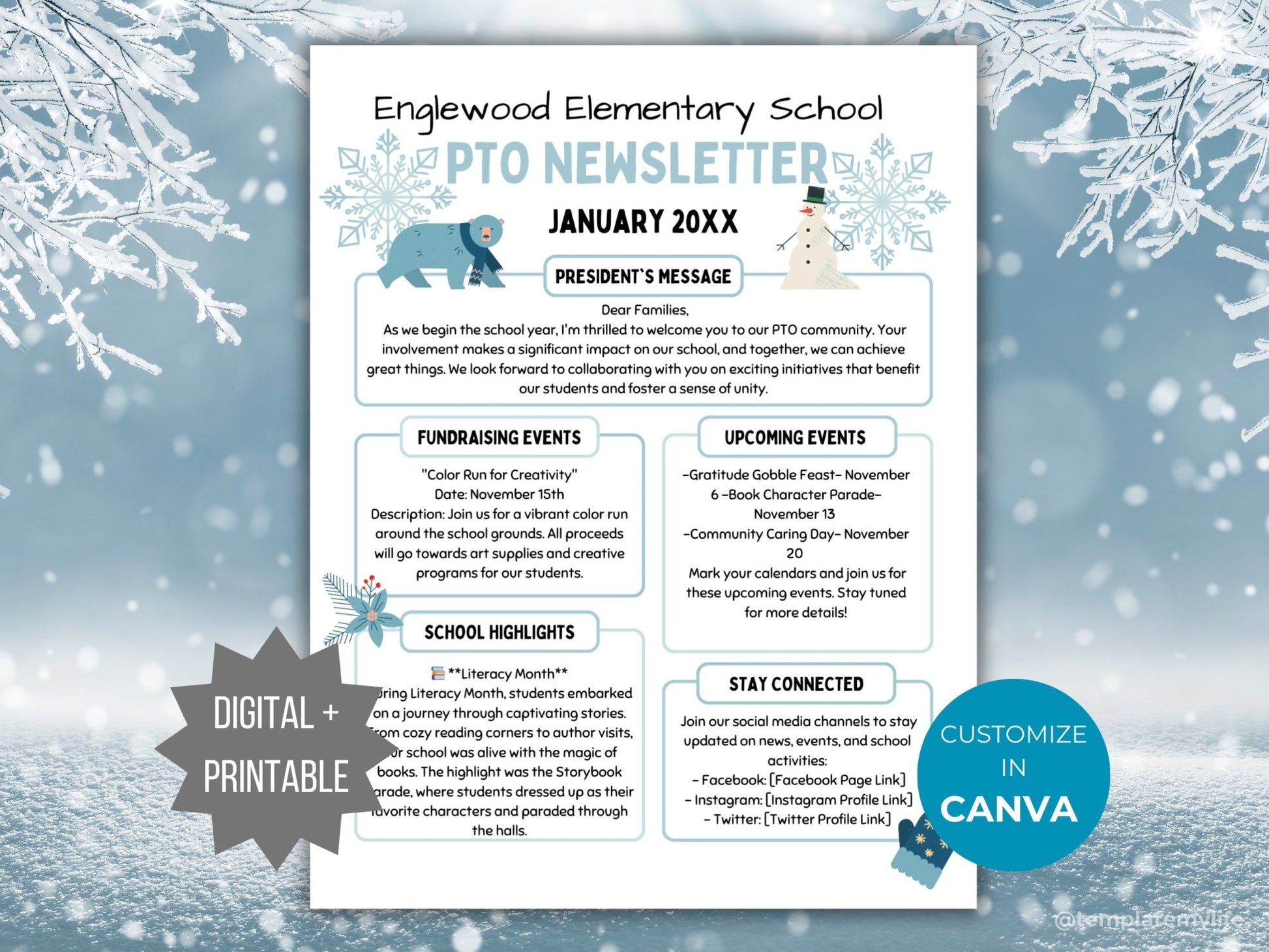 PTA Winter Newsletter Flyer Printable PTO School Newsletter Flyer editable template school holiday flyer January newsletter pto handout