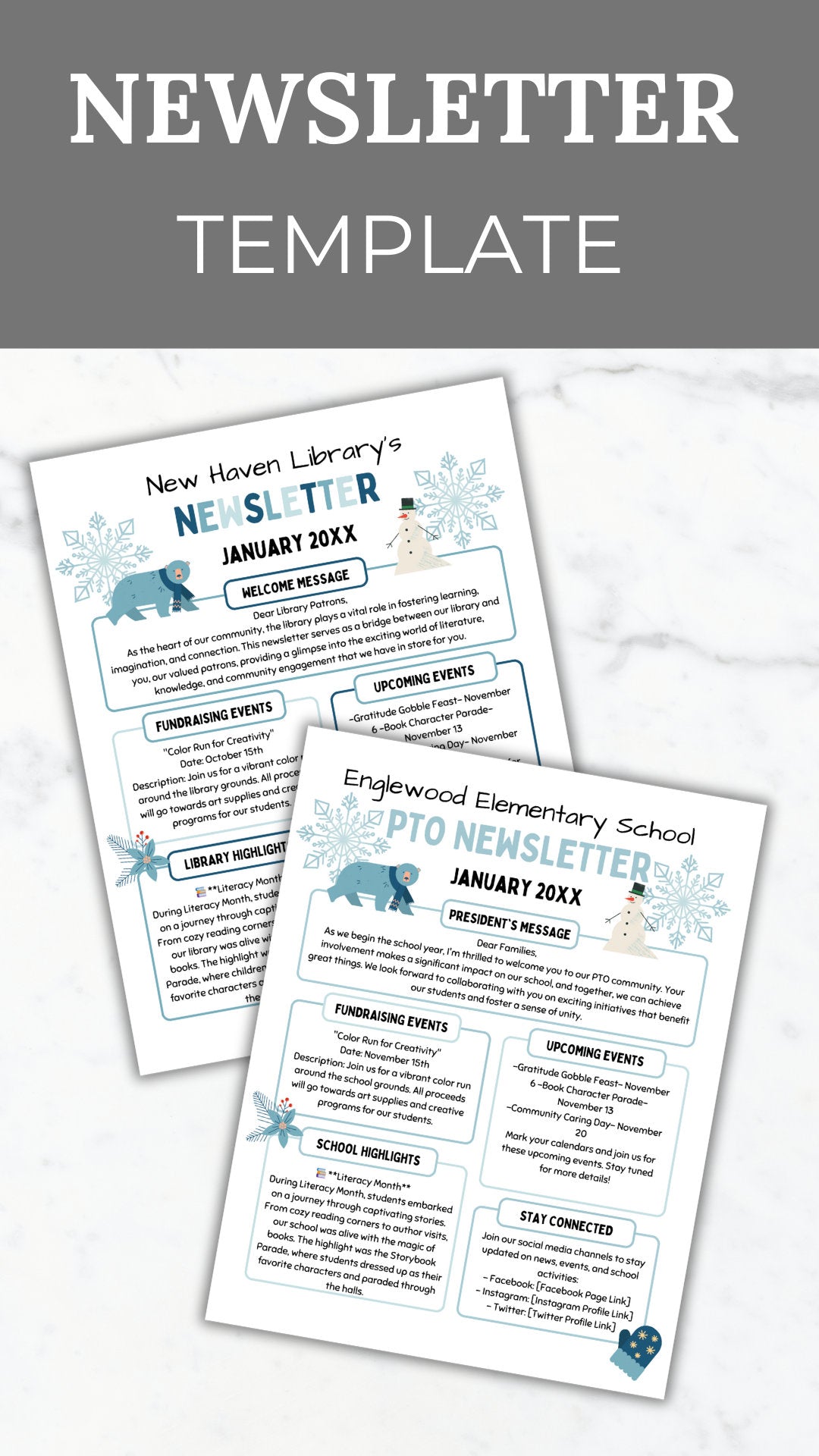 PTA Winter Newsletter Flyer Printable PTO School Newsletter Flyer editable template school holiday flyer January newsletter pto handout