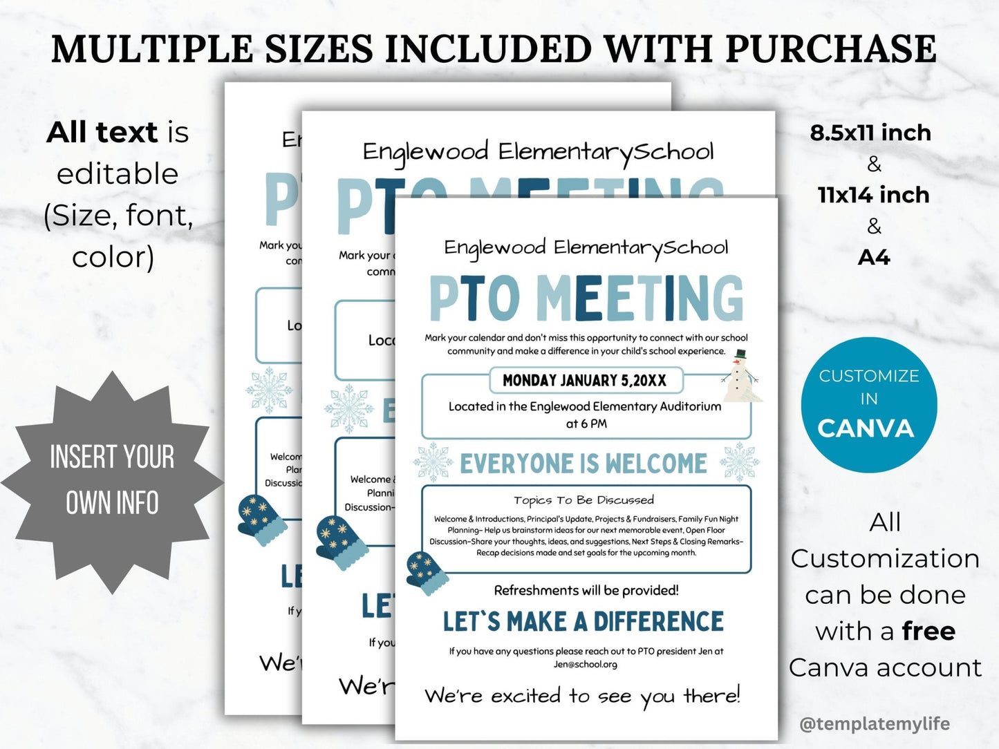 Winter PTA Meeting Flyer Printable PTO School Meeting Flyer editable template pta January Meeting flyer Holiday pta meeting pto sign handout