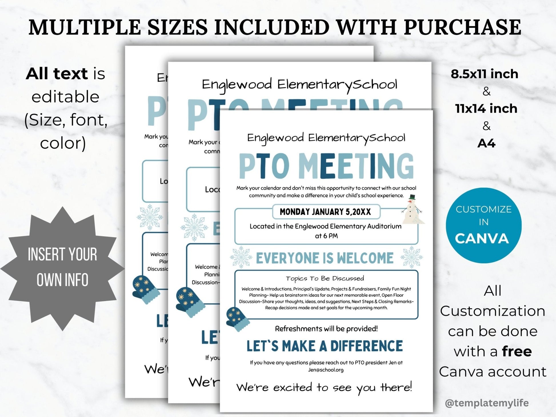 Winter PTA Meeting Flyer Printable PTO School Meeting Flyer editable template pta January Meeting flyer Holiday pta meeting pto sign handout