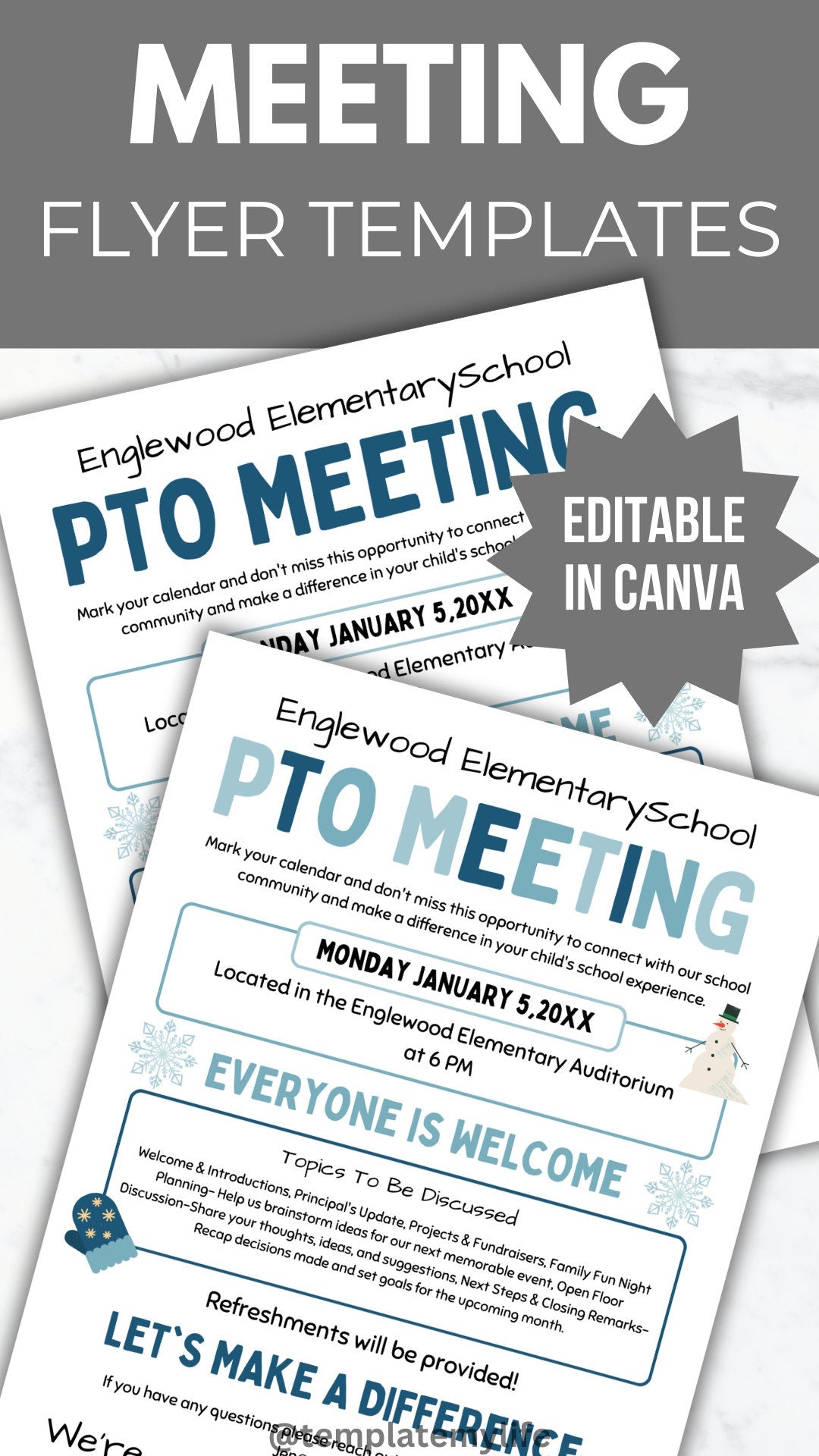 Winter PTA Meeting Flyer Printable PTO School Meeting Flyer editable template pta January Meeting flyer Holiday pta meeting pto sign handout