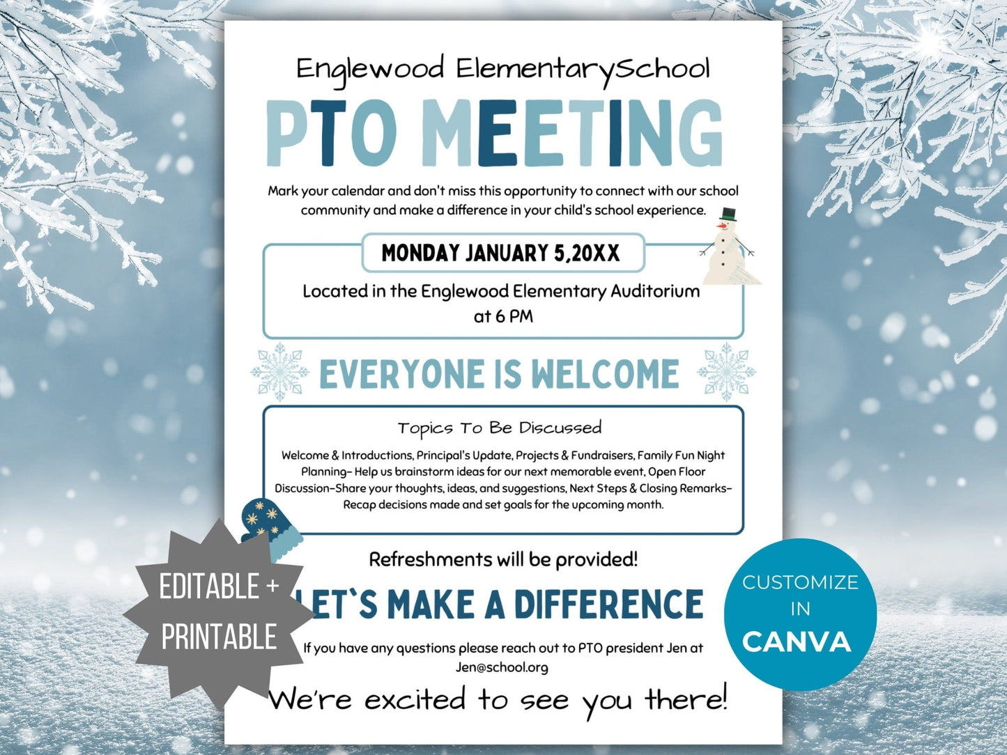 Winter PTA Meeting Flyer Printable PTO School Meeting Flyer editable template pta January Meeting flyer Holiday pta meeting pto sign handout